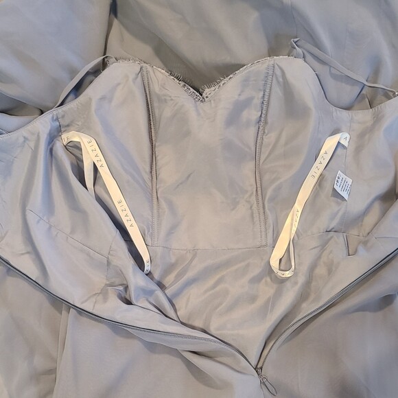 Azazie NWT Tegan Slate Blue Chiffon & Eyelash Lace Long A-line Gown, Size 4 - Picture 9 of 11